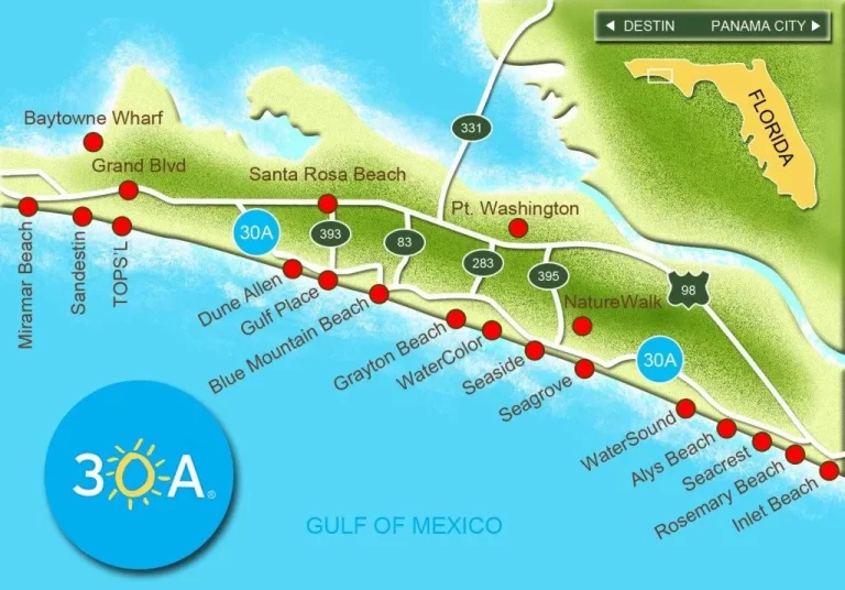 Map of Scenic Highway 30A communities in Santa Rosa Beach Florida including Seaside, Grayton Beach, Seagrove, and Rosemary Beach.