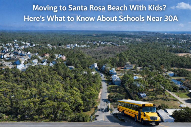 Aerial view of a neighborhood near Scenic Highway 30A in Santa Rosa Beach Florida with a school bus representing school access for families relocating with kids