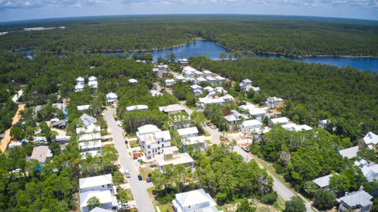 Aerial view of residential neighborhoods near Santa Rosa Beach and Scenic Highway 30A where many long-term rentals are located