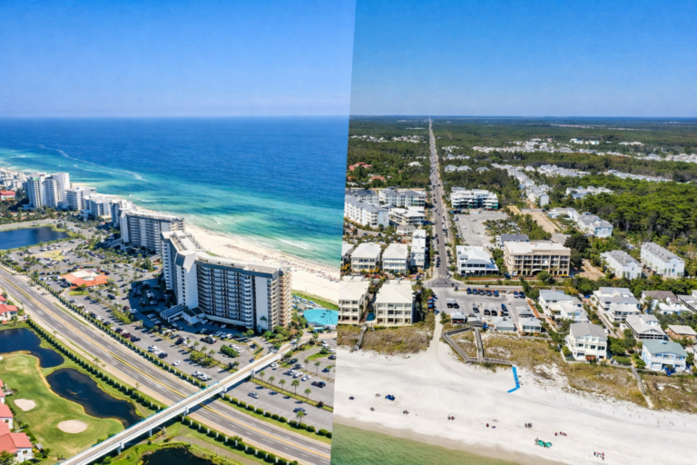 Aerial comparison of Panama City Beach high rise coastline and Scenic Highway 30A residential beach communities near Santa Rosa Beach during spring break season