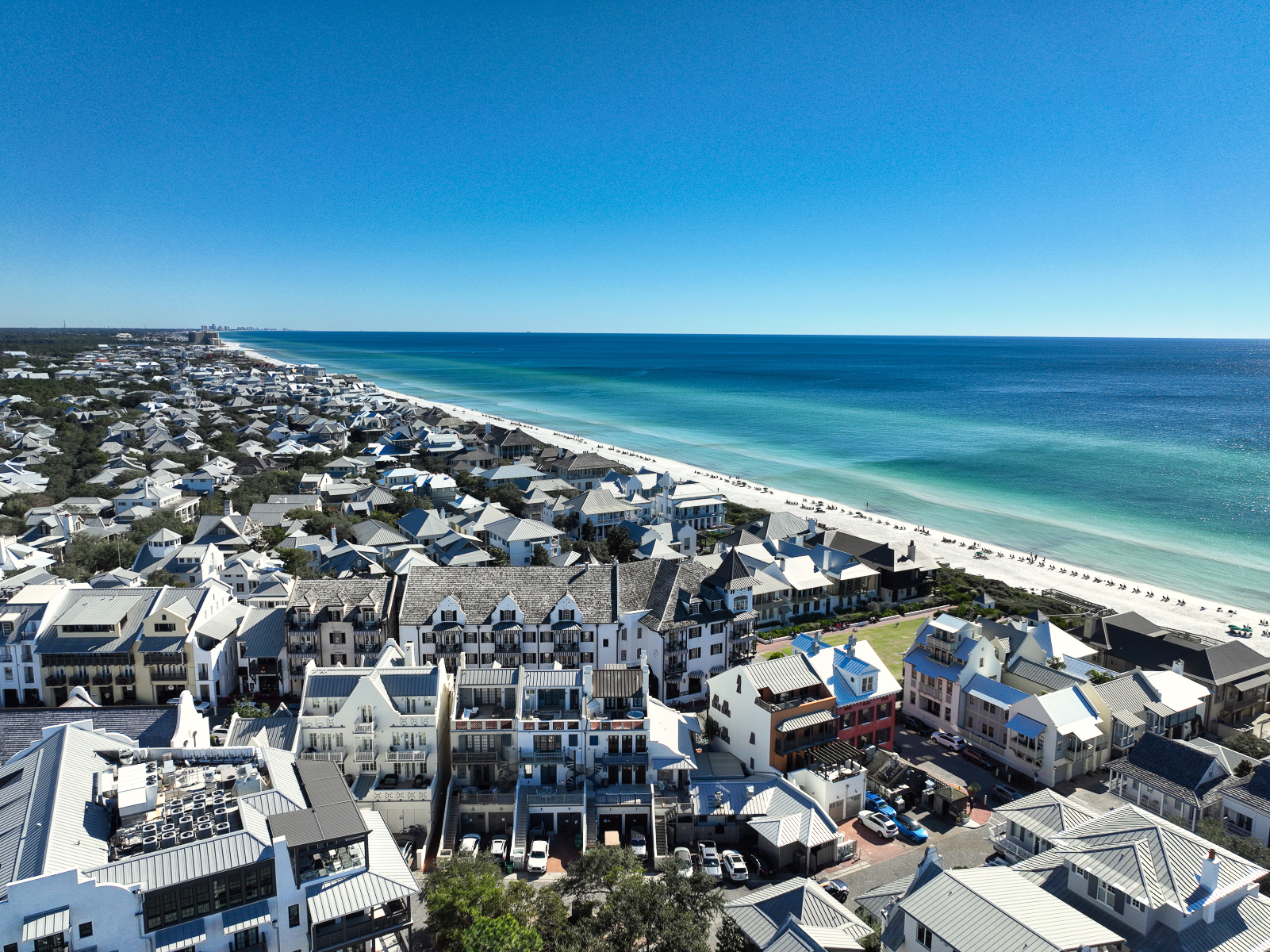 Aerial view of homes and beach along Scenic Highway 30A in Santa Rosa Beach Florida