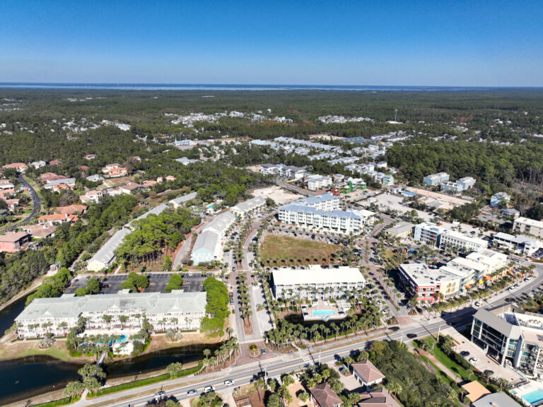 Aerial view of Santa Rosa Beach Florida showing residential neighborhoods and town center near Scenic Highway 30A.