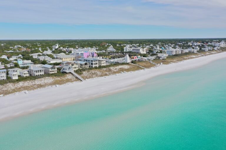 Aerial view of homes and beach along Scenic Highway 30A in Santa Rosa Beach Florida on the Emerald Coast